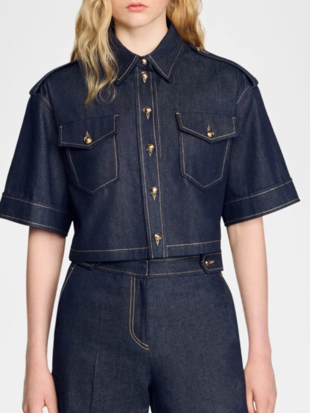 Sandro Dark Indigo Denim Short Sleeve Utility Jacket with Gold Buttons